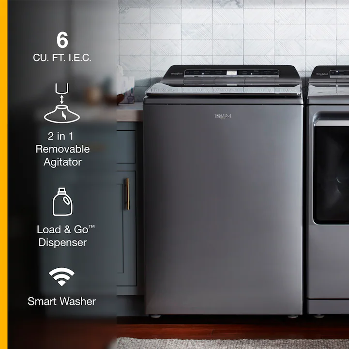 whirlpool smart capable w/load and go 5.3 cu ft high efficiency impeller and agitator smart top load washer (chrome shadow) energy star whirlpool smart capable w/load and go 5.3 cu ft high efficiency impeller and agitator smart top load washer (chrome shadow) energy star